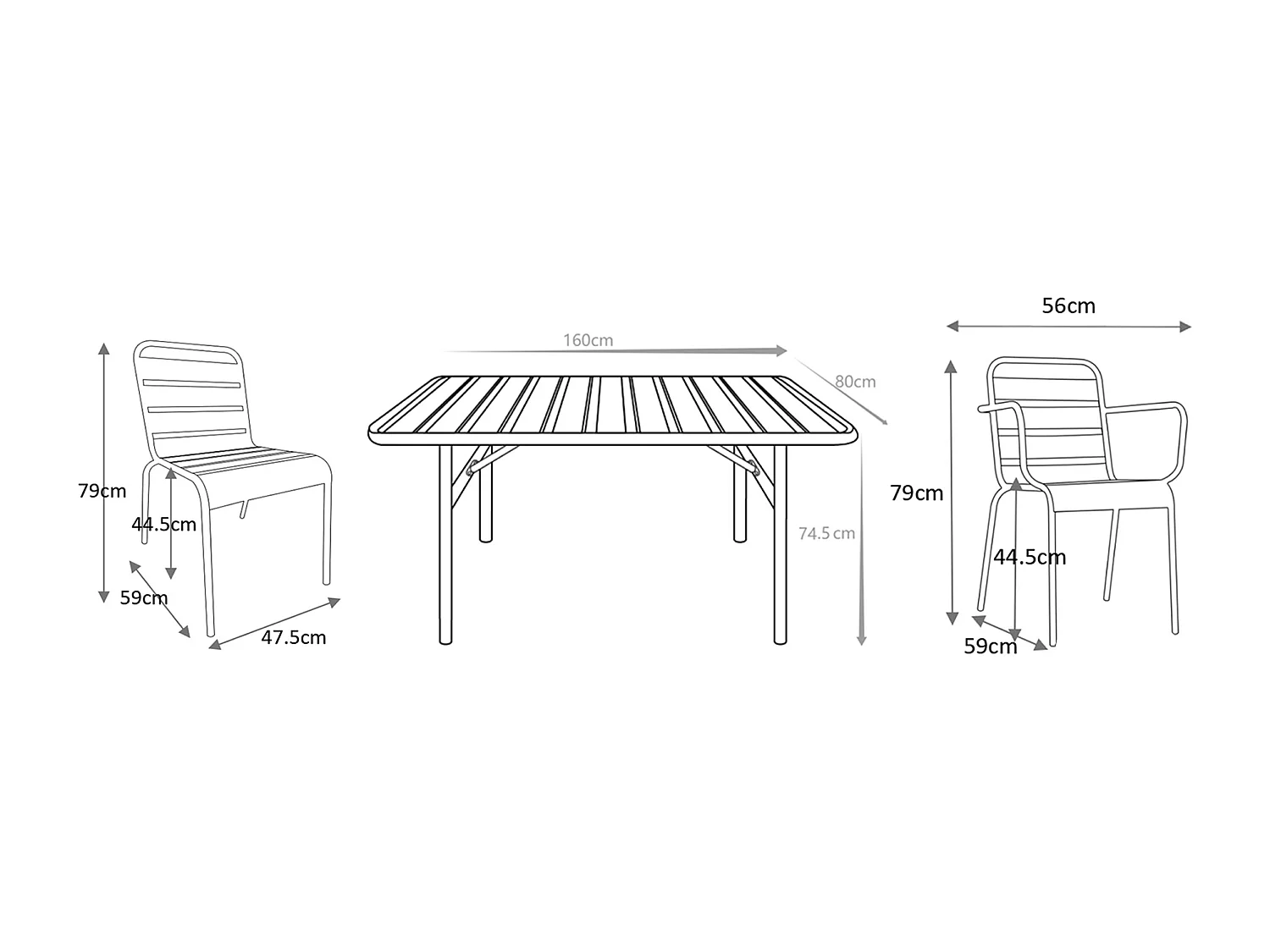 Conjunto de sala de jantar de jardim em metal, uma mesa C.160 cm com 2 cadeirões empilháveis e 4 cadeiras empilháveis taupe - MIRMANDE de MYLIA