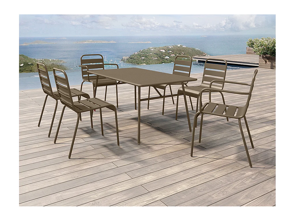 Conjunto de sala de jantar de jardim em metal, uma mesa C.160 cm com 2 cadeirões empilháveis e 4 cadeiras empilháveis taupe - MIRMANDE de MYLIA