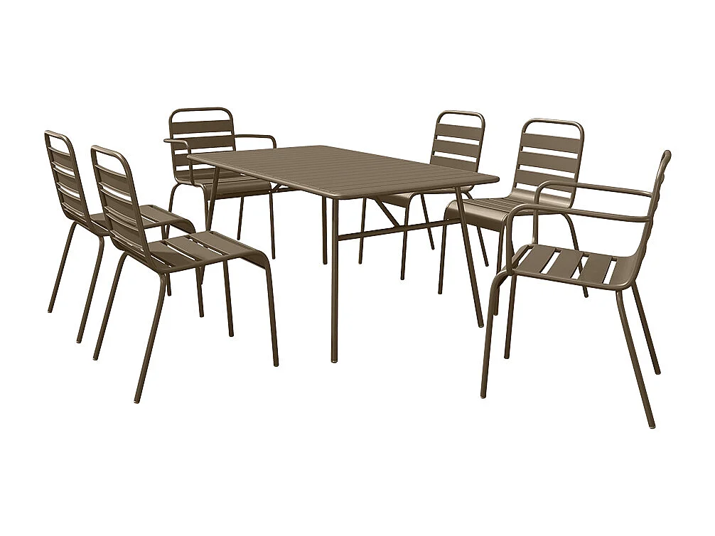 Conjunto de sala de jantar de jardim em metal, uma mesa C.160 cm com 2 cadeirões empilháveis e 4 cadeiras empilháveis taupe - MIRMANDE de MYLIA