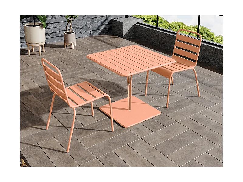 Garten-Essgruppe: Tisch L. 80 cm + 2 stapelbare Stühle - Metall - Hellorange - MIRMANDE von MYLIA