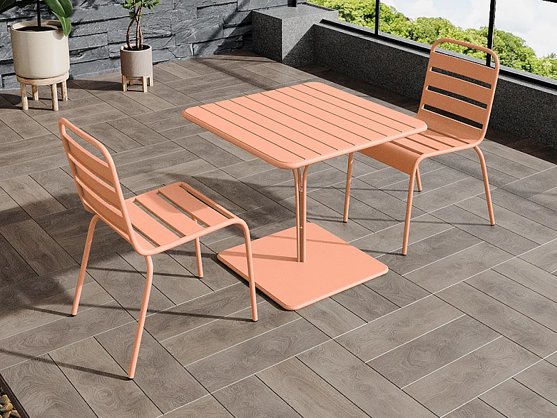 Salle à manger de jardin en métal - une table L.80 cm et 2 chaises empilables - Orange clair - MIRMANDE de MYLIA