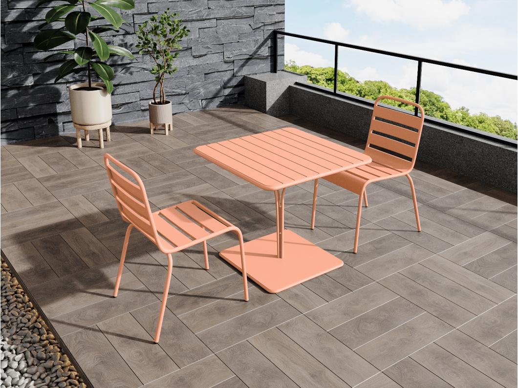 Salle à manger de jardin en métal - une table L.80 cm et 2 chaises empilables - Orange clair - MIRMANDE de MYLIA
