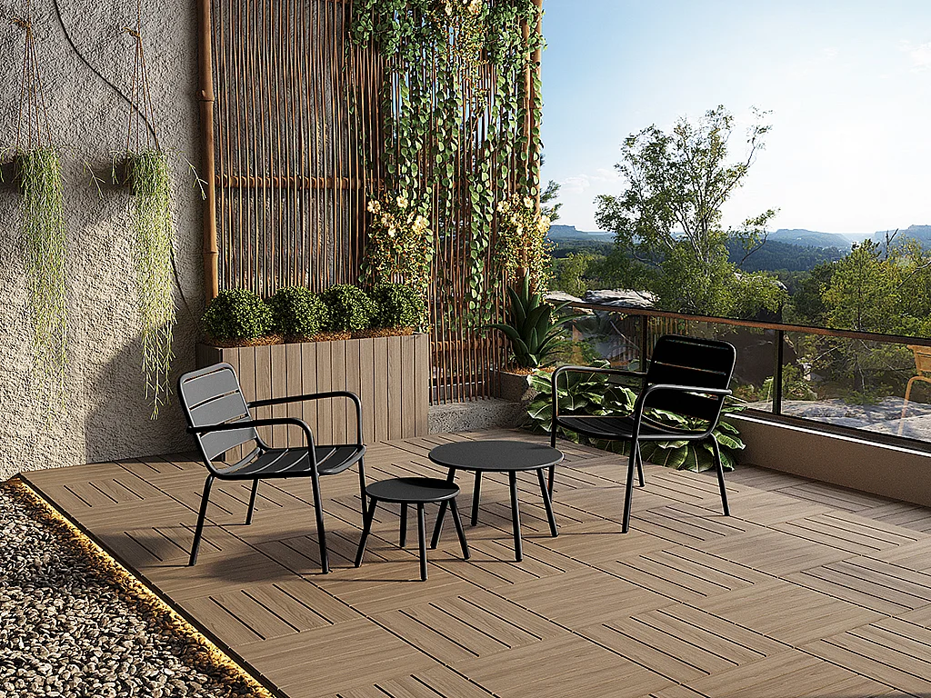 Salon de jardin en métal - 2 fauteuils bas empilables et tables gigognes - Noir - MIRMANDE de MYLIA