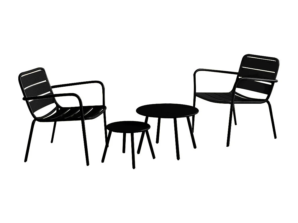 Salon de jardin en métal - 2 fauteuils bas empilables et tables gigognes - Noir - MIRMANDE de MYLIA