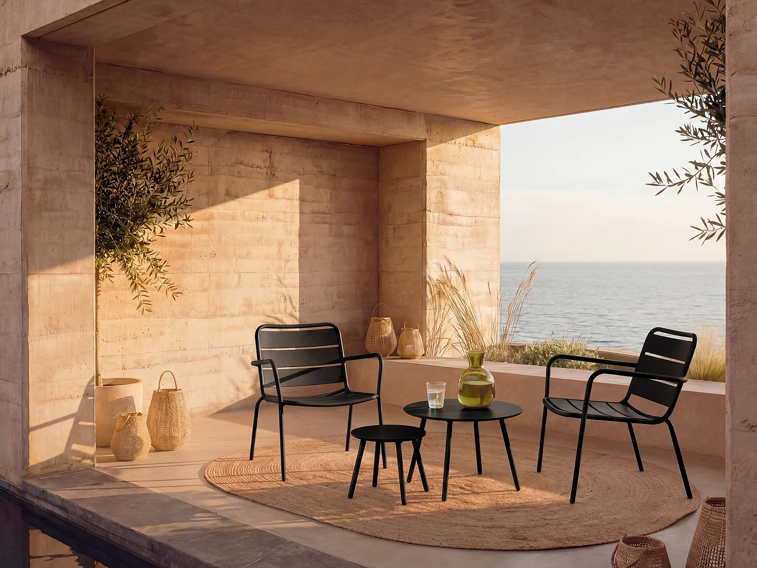 Metal garden furniture set - 2 stackable low armchairs and nesting tables - Black - MIRMANDE by MYLIA