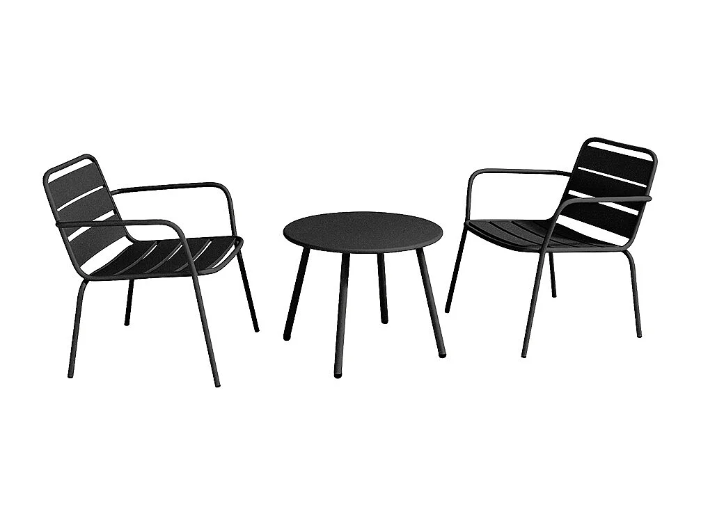 Garten-Sitzgruppe: 2 niedrige, stapelbare Sessel + Beistelltisch rund - Metall - Schwarz - MIRMANDE von MYLIA