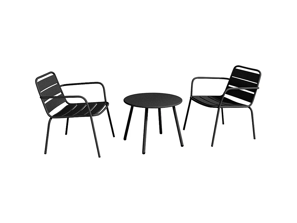 Salotto da giardino 2 poltrone basse impil. e un tavolo supplementare tondo Metallo Nero  - MIRMANDE di MYLIA