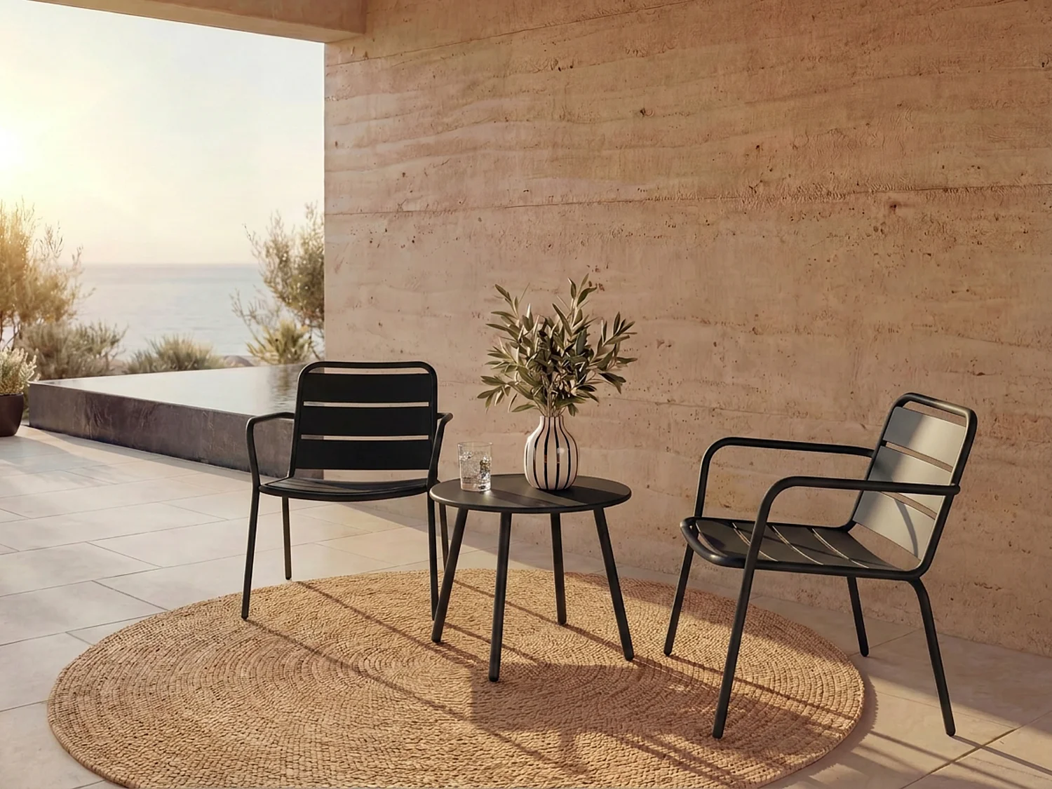 Salon de jardin en métal - 2 fauteuils bas empilables et une table d'appoint ronde - Noir - MIRMANDE de MYLIA