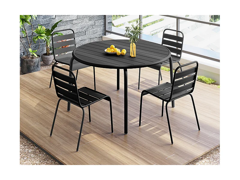 Metalen tuinset met een tafel van Ø110 cm en 4 stapelbare stoelen - Zwart - MIRMANDE van MYLIA