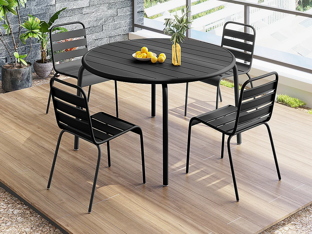 Salle à manger de jardin en métal - une table D.110 cm et 4 chaises empilables - Noir - MIRMANDE de MYLIA