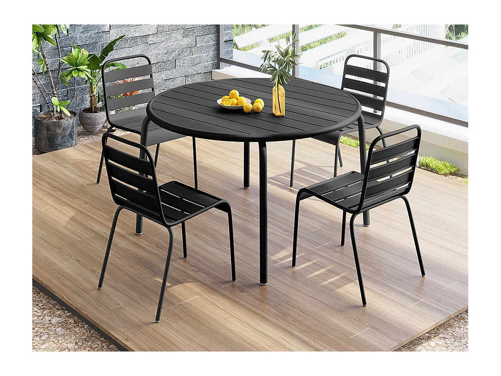 Salle à manger de jardin en métal - une table D.110 cm et 4 chaises empilables - Noir - MIRMANDE de MYLIA