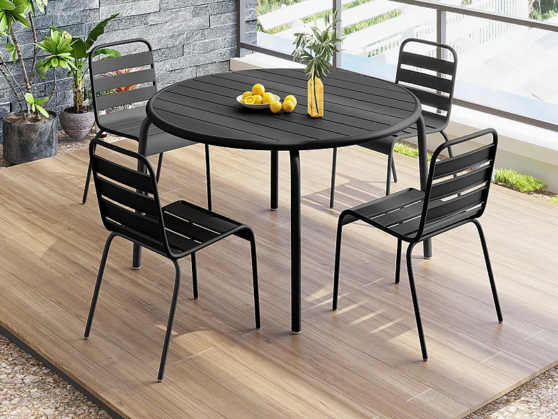 Salle à manger de jardin en métal - une table D.110 cm et 4 chaises empilables - Noir - MIRMANDE de MYLIA
