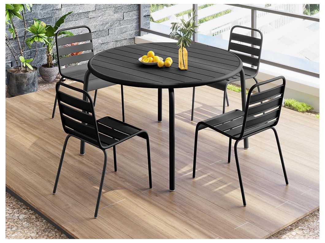 Garten-Essgruppe: Tisch D. 110 cm + 4 stapelbare Stühle - Metall - Schwarz - MIRMANDE von MYLIA