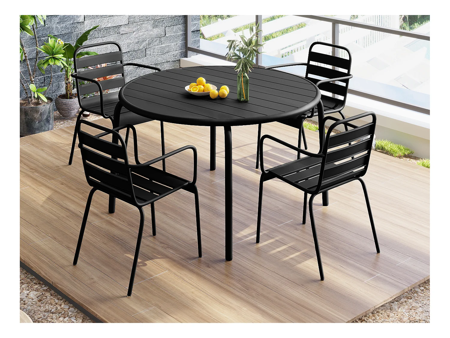 Salle à manger de jardin en métal - une table D.110 cm et 4 fauteuils empilables - Noir - MIRMANDE de MYLIA
