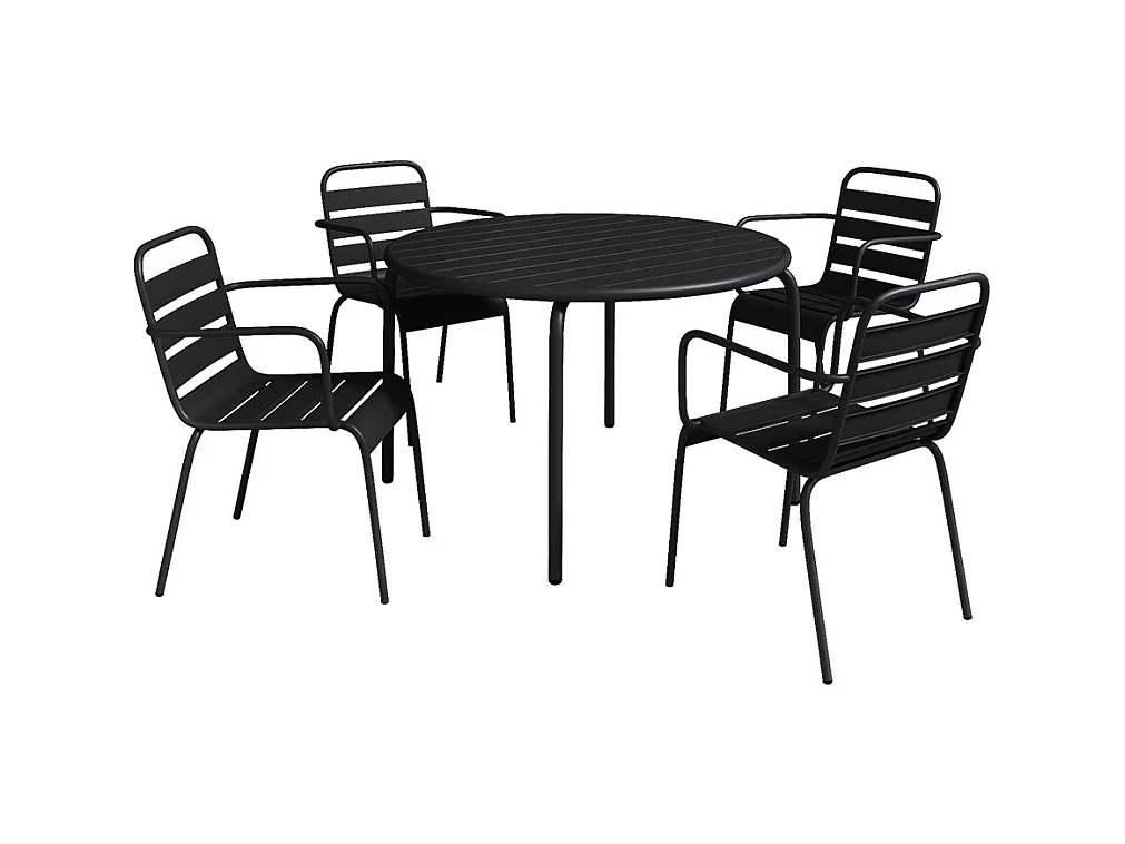 Metalen tuinset met een tafel van Ø110 cm en 4 stapelbare fauteuils - Zwart - MIRMANDE van MYLIA