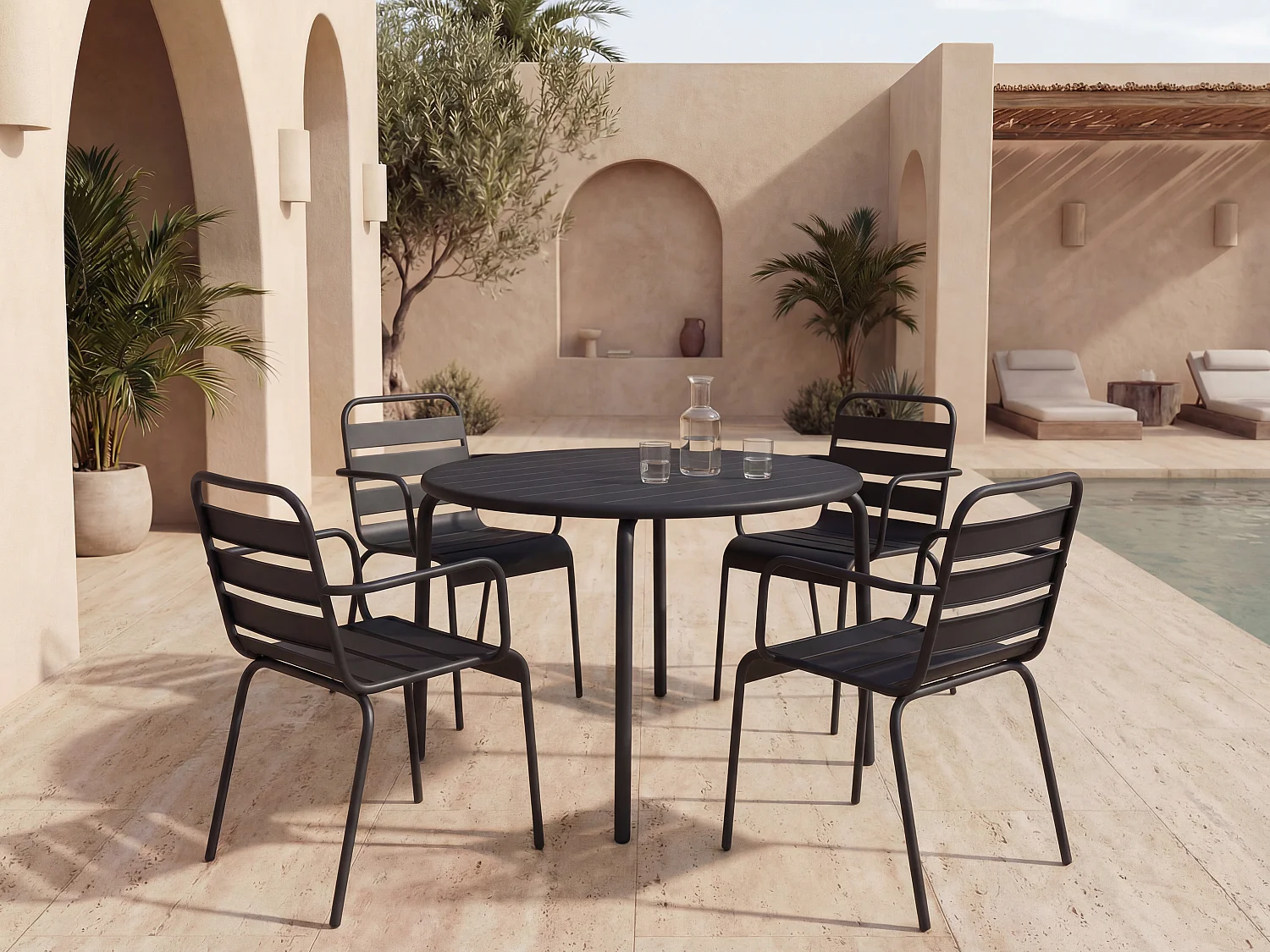 Salle à manger de jardin en métal - une table D.110 cm et 4 fauteuils empilables - Noir - MIRMANDE de MYLIA