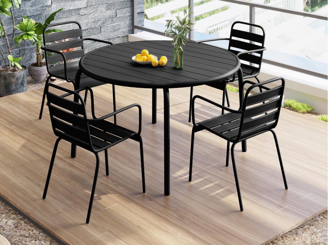 Garten-Essgruppe: Tisch D. 110 cm + 4 stapelbare Sessel - Metall - Schwarz - MIRMANDE von MYLIA