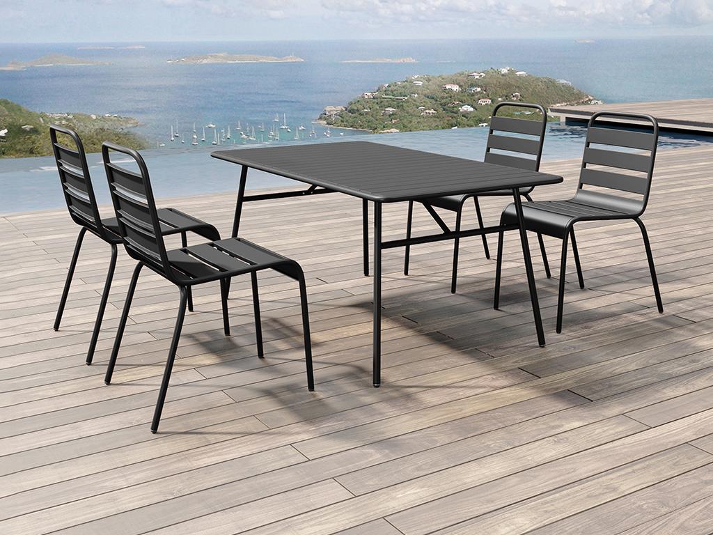 Salle à manger de jardin en métal - une table L.160 cm et 4 chaises empilables - Noir - MIRMANDE de MYLIA