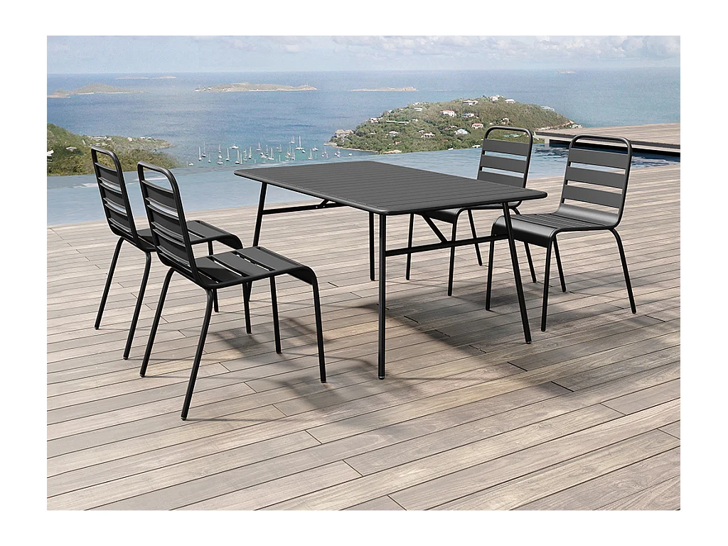 Salle à manger de jardin en métal - une table L.160 cm et 4 chaises empilables - Noir - MIRMANDE de MYLIA