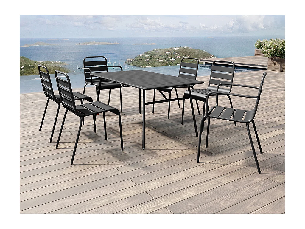 Sala da pranzo giardino tavolo L.160cm 2 sedie impil. bracc. e 4 sedie impil. Metallo Nero - MIRMANDE di MYLIA