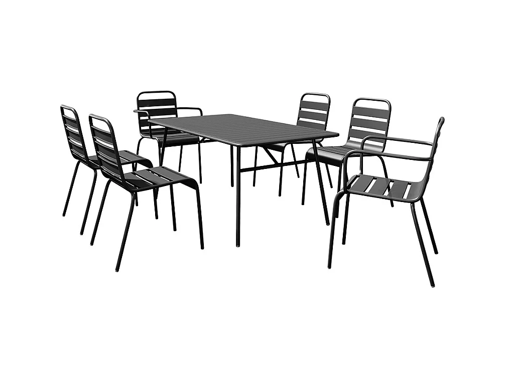 Conjunto de sala de jantar de jardim em metal, uma mesa C.160 cm com 2 cadeirões empilháveis e 4 cadeiras empilháveis preto - MIRMANDE de MYLIA