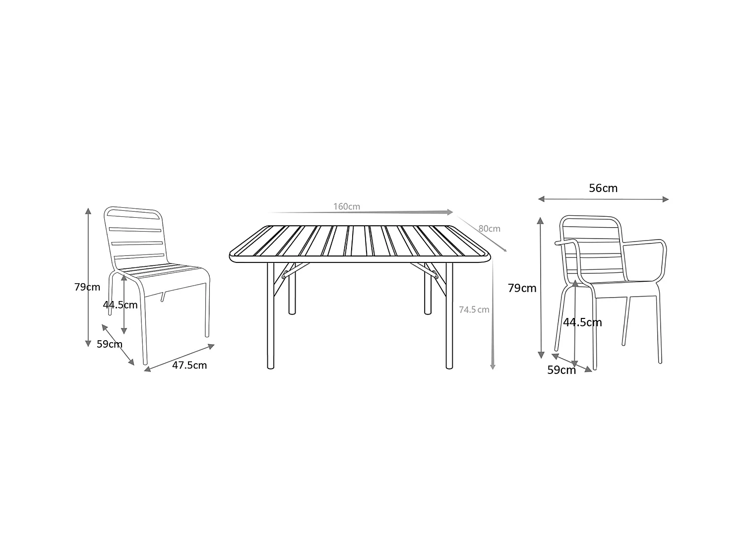 Conjunto de sala de jantar de jardim em metal, uma mesa C.160 cm com 2 cadeirões empilháveis e 4 cadeiras empilháveis preto - MIRMANDE de MYLIA