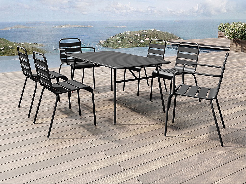 Vente-unique Garten-Essgruppe, Tisch L. 160 Cm + 2 Stapelbare Sessel + 4 Stapelbare Stühle - Metall - Schwarz - Mirmande Von Mylia