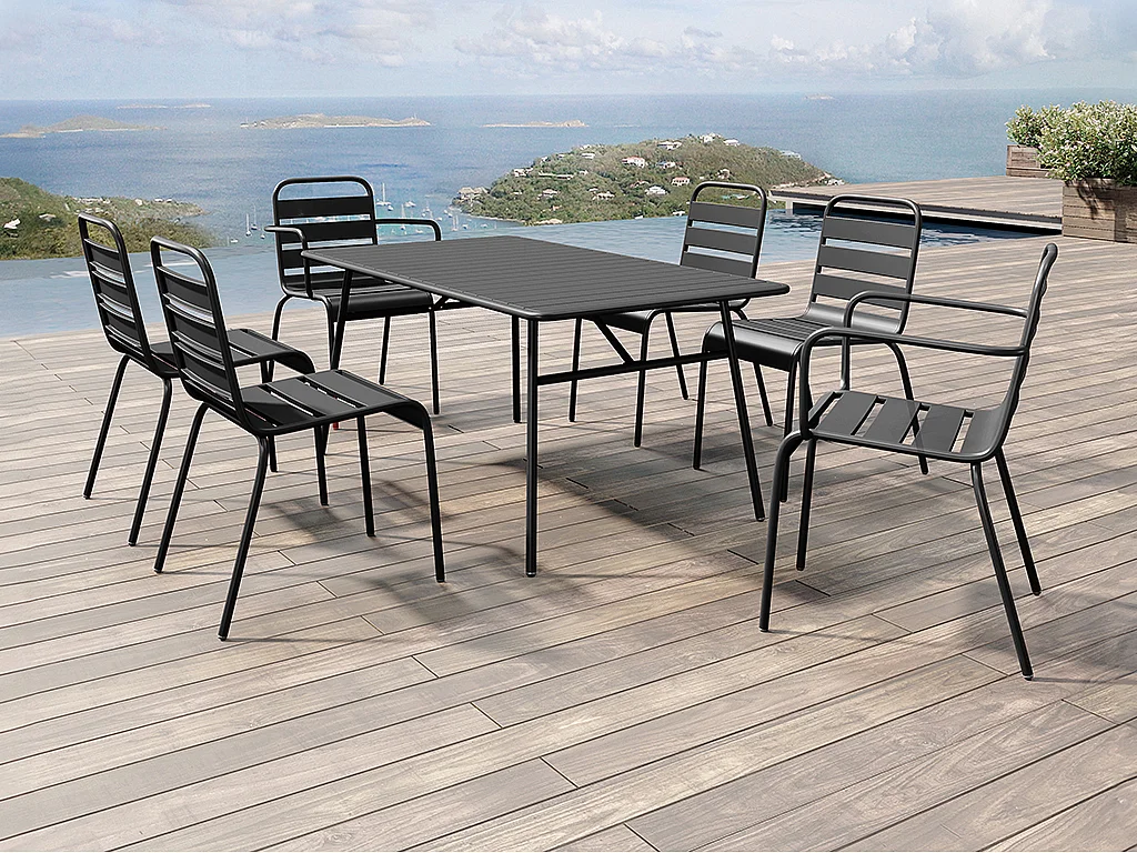 Conjunto de sala de jantar de jardim em metal, uma mesa C.160 cm com 2 cadeirões empilháveis e 4 cadeiras empilháveis preto - MIRMANDE de MYLIA