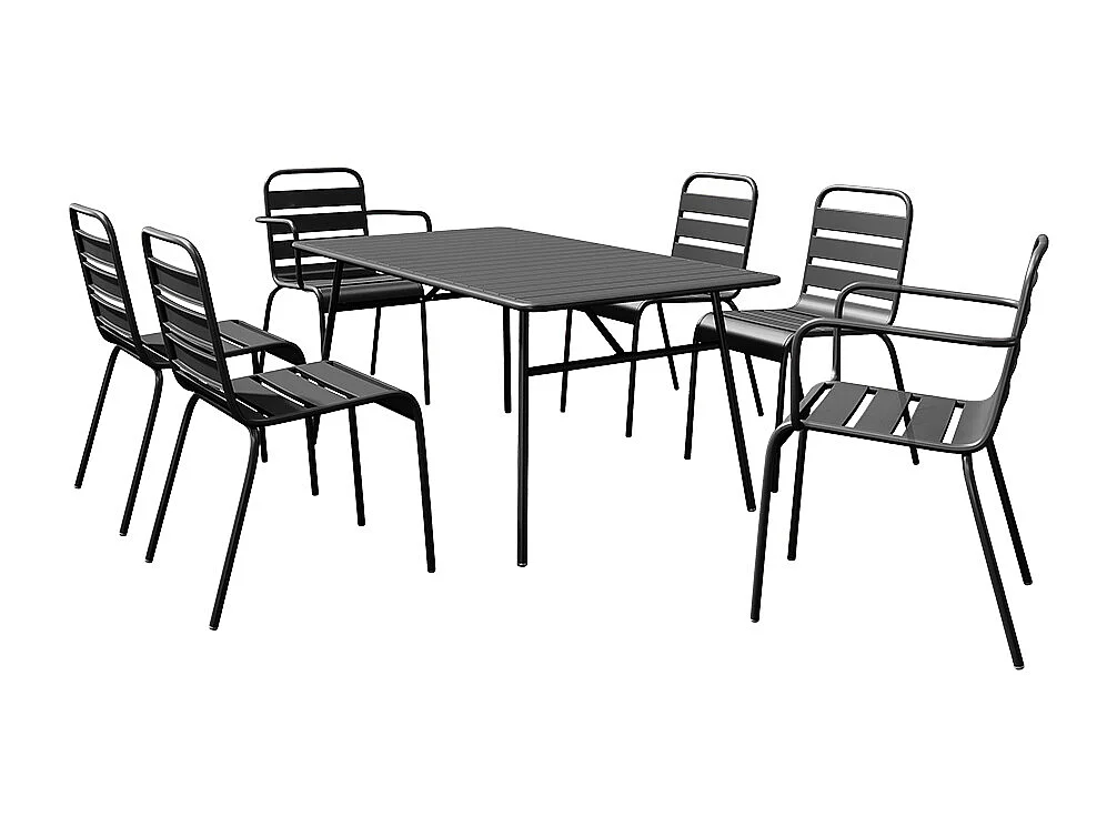 Conjunto de sala de jantar de jardim em metal, uma mesa C.160 cm com 2 cadeirões empilháveis e 4 cadeiras empilháveis preto - MIRMANDE de MYLIA