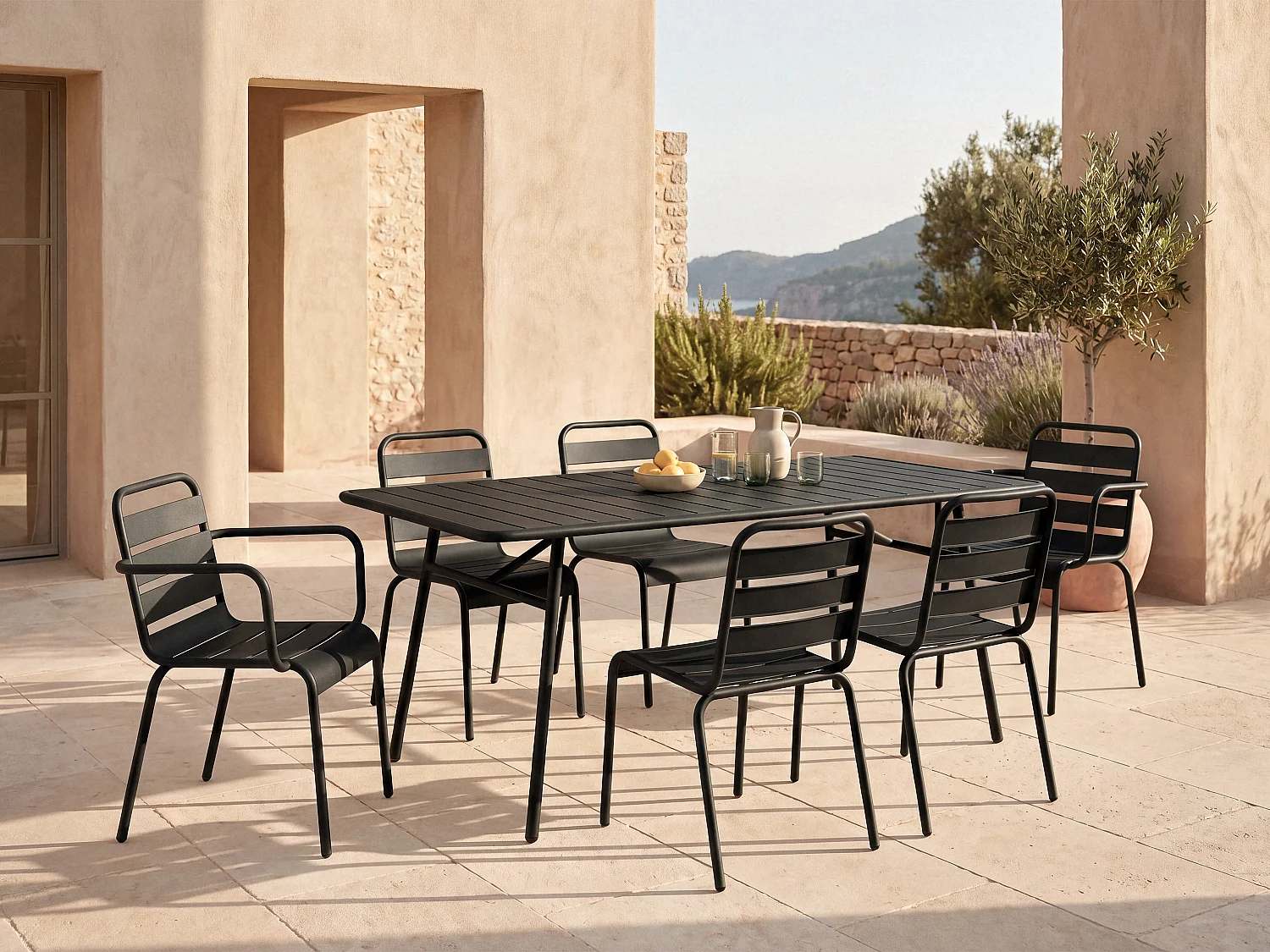 Salle à manger de jardin en métal - une table L.160 cm avec 2 fauteuils empilables et 4 chaises empilables - Noir - MIRMANDE de MYLIA