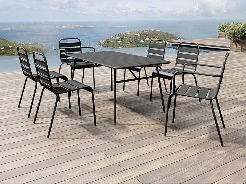 Salle à manger de jardin en métal - une table L.160 cm avec 2 fauteuils empilables et 4 chaises empilables - Noir - MIRMANDE de MYLIA