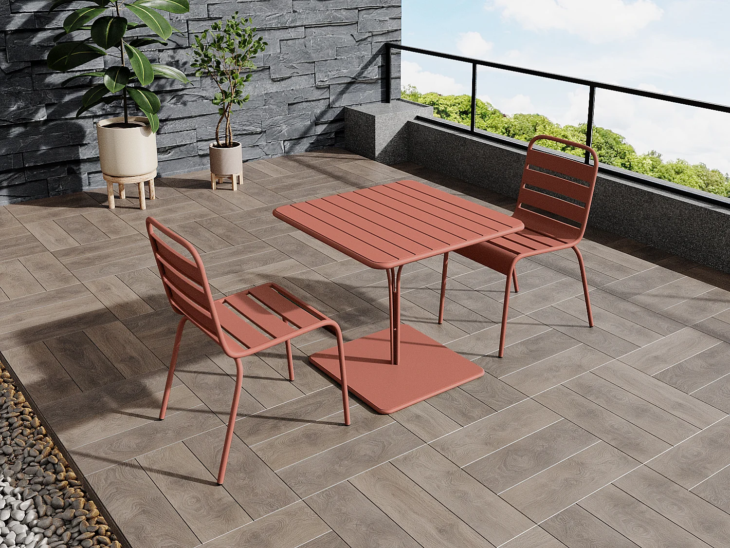 Salle à manger de jardin en métal - une table L.80 cm et 2 chaises empilables - Terracotta - MIRMANDE de MYLIA