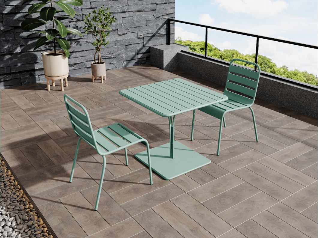 Tuineethoek van metaal - Een tafel D80 cm en 2 opstapelbare stoelen - Amandelgroen - MIRMANDE van MYLIA