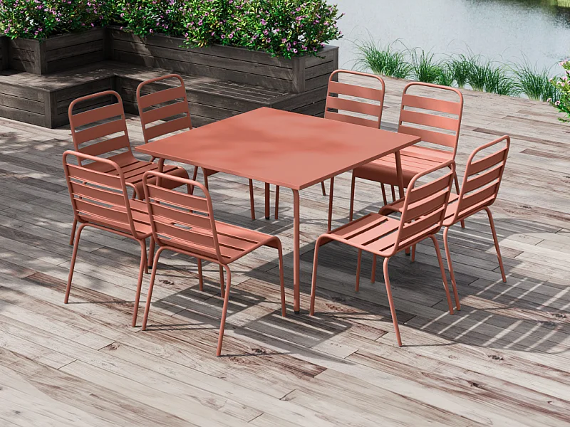 Salle à manger de jardin en métal - une table L.120 cm et 8 chaises empilables - Terracotta - MIRMANDE de MYLIA