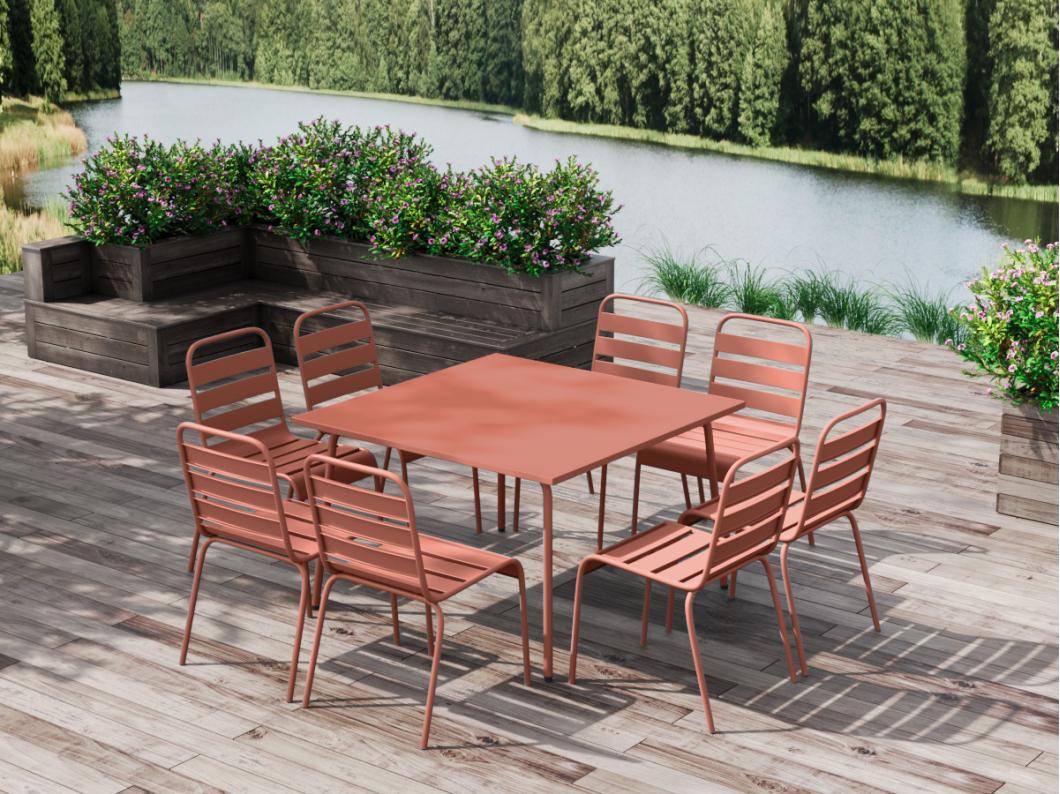 Salle à manger de jardin en métal - une table L.120 cm et 8 chaises empilables - Terracotta - MIRMANDE de MYLIA