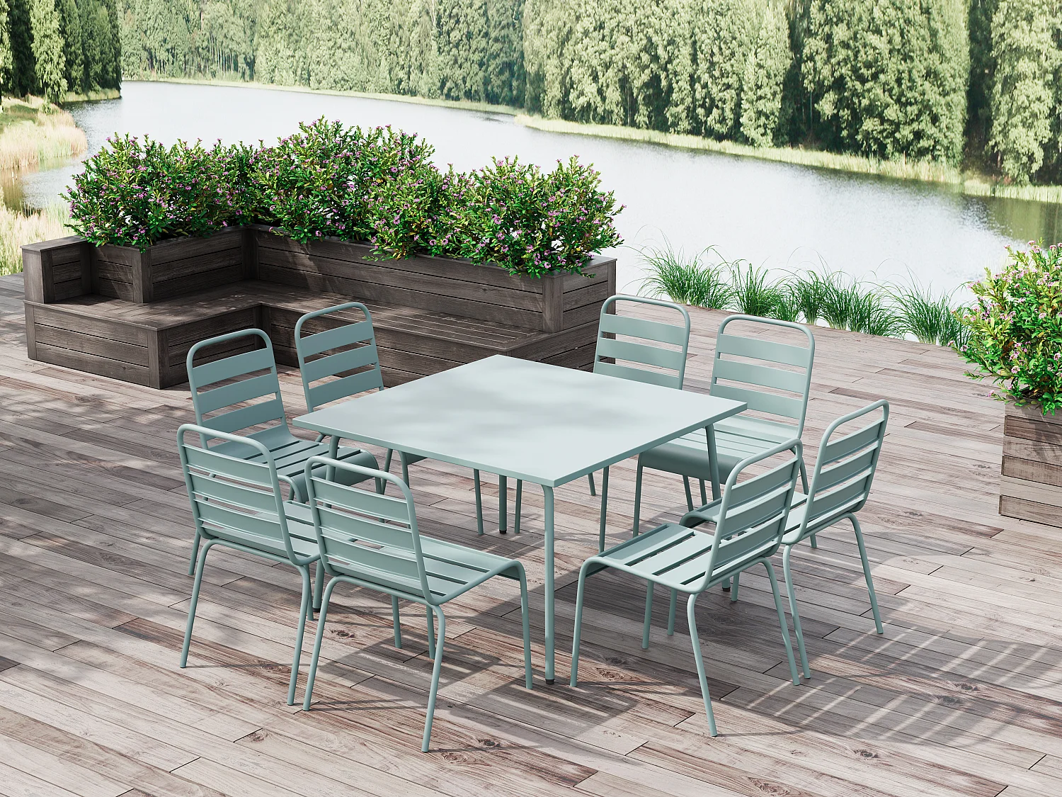 Tuineethoek van metaal - Een tafel D120 cm en 8 opstapelbare stoelen - Amandelgroen - MIRMANDE van MYLIA