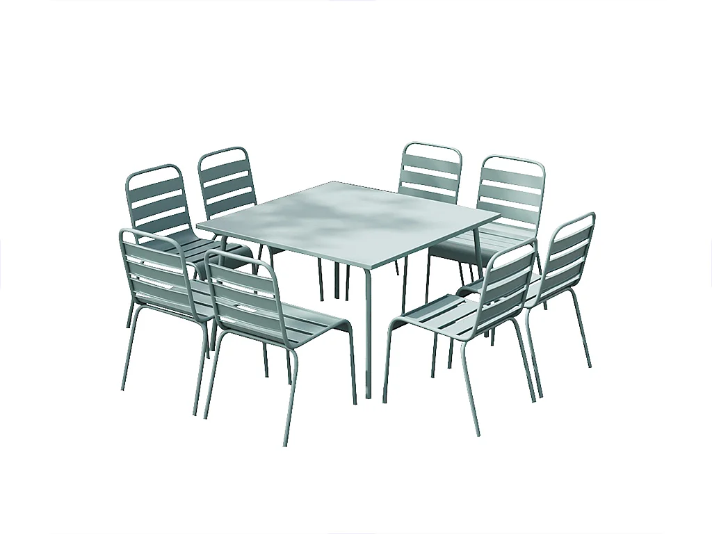 Tuineethoek van metaal - Een tafel D120 cm en 8 opstapelbare stoelen - Amandelgroen - MIRMANDE van MYLIA