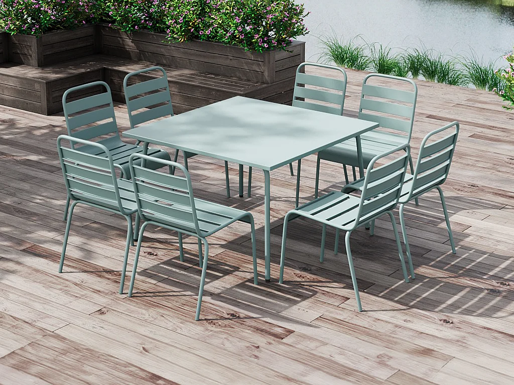 Tuineethoek van metaal - Een tafel D120 cm en 8 opstapelbare stoelen - Amandelgroen - MIRMANDE van MYLIA