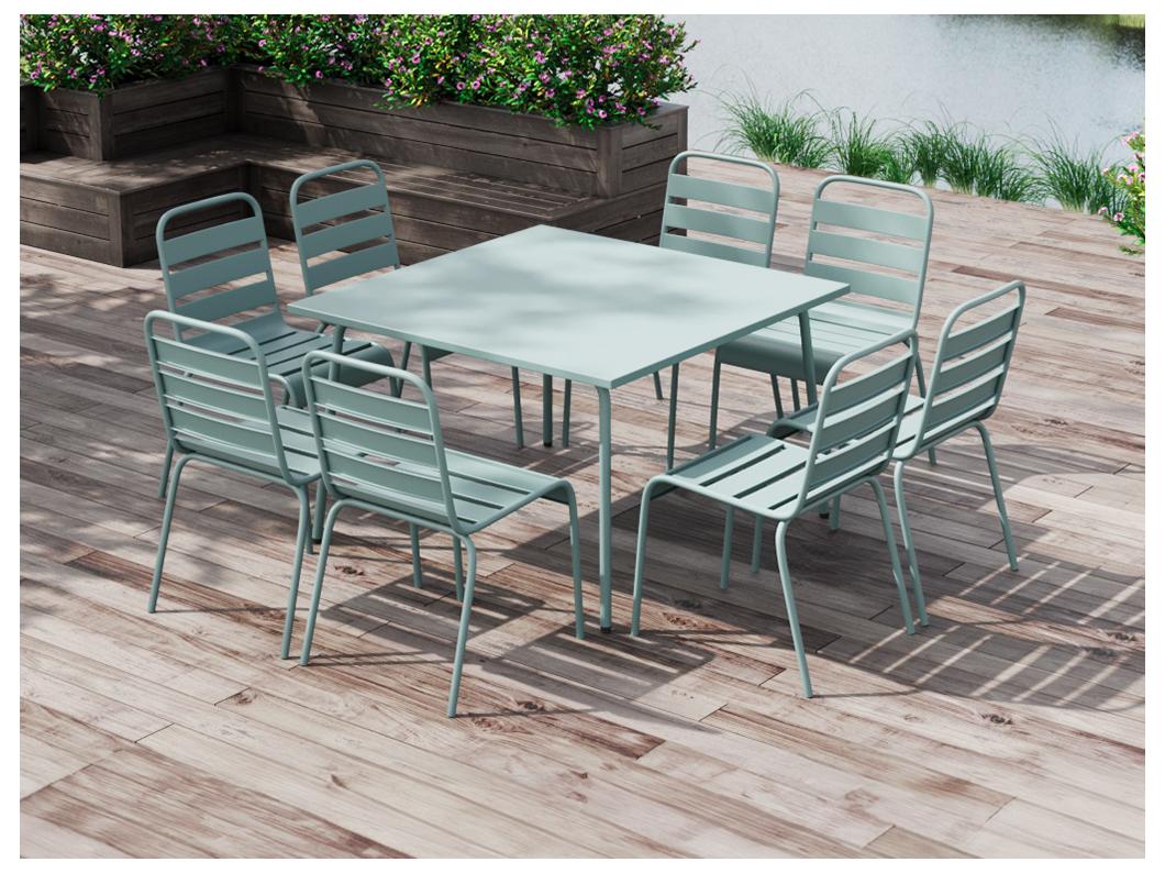 Sala da pranzo da giardino un tavolo L.120 cm e 8 sedie impilabili in Metallo Verde acqua - MIRMANDE di MYLIA