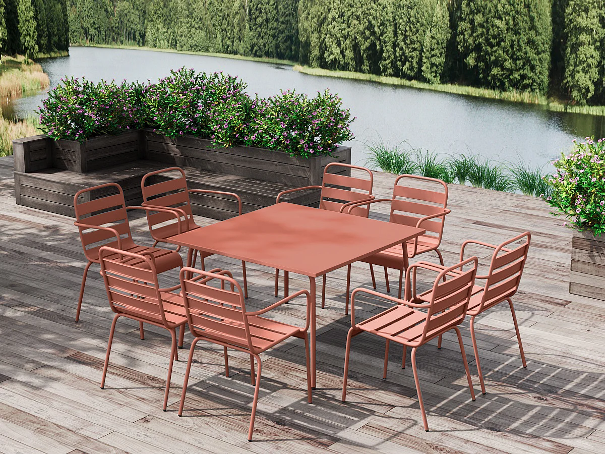 Salle à manger de jardin en métal - une table L.120 cm et 8 fauteuils empilables - Terracotta - MIRMANDE de MYLIA