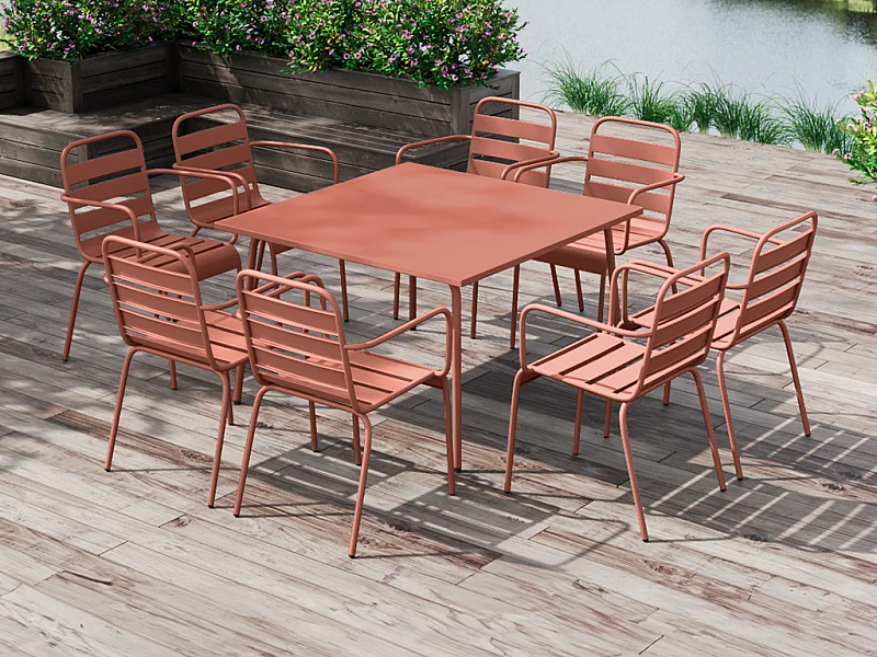 Salle à manger de jardin en métal - une table L.120 cm et 8 fauteuils empilables - Terracotta - MIRMANDE de MYLIA