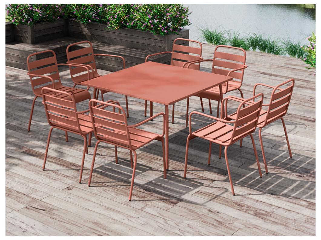 Salle à manger de jardin en métal - une table L.120 cm et 8 fauteuils empilables - Terracotta - MIRMANDE de MYLIA