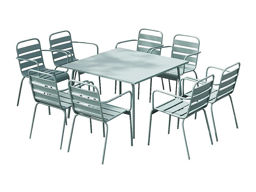 Garten-Essgruppe: Tisch L. 120 cm + 8 stapelbare Sessel - Metall - Mandelgrün - MIRMANDE von MYLIA