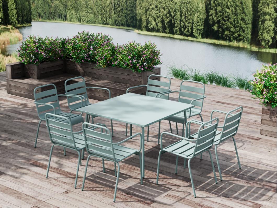 Garten-Essgruppe: Tisch L. 120 cm + 8 stapelbare Sessel - Metall - Mandelgrün - MIRMANDE von MYLIA