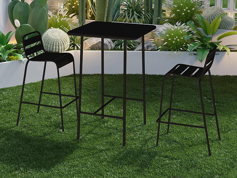 Salle à manger haute de jardin en métal : une table L.70 cm et 2 chaises - Noir - MIRMANDE de MYLIA