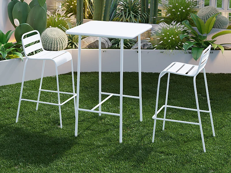 Salle à manger haute de jardin en métal : une table L.70 cm et 2 chaises - Blanc - MIRMANDE de MYLIA