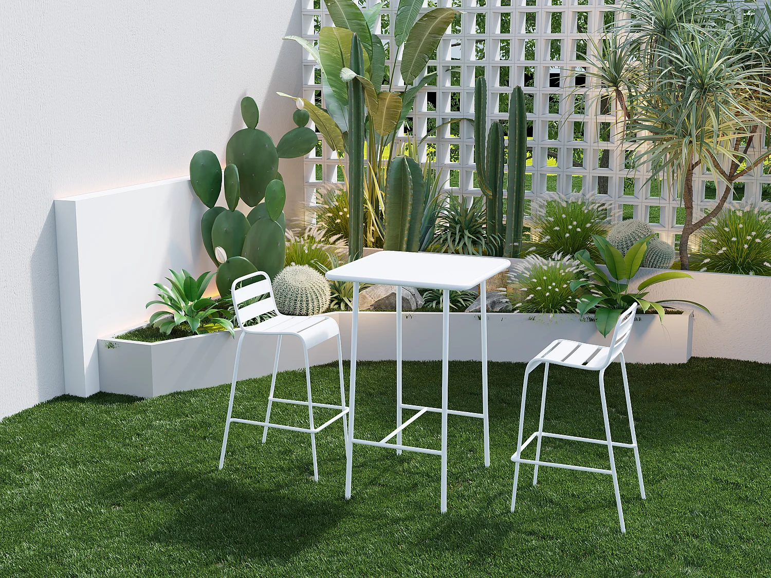 Salle à manger haute de jardin en métal : une table L.70 cm et 2 chaises - Blanc - MIRMANDE de MYLIA