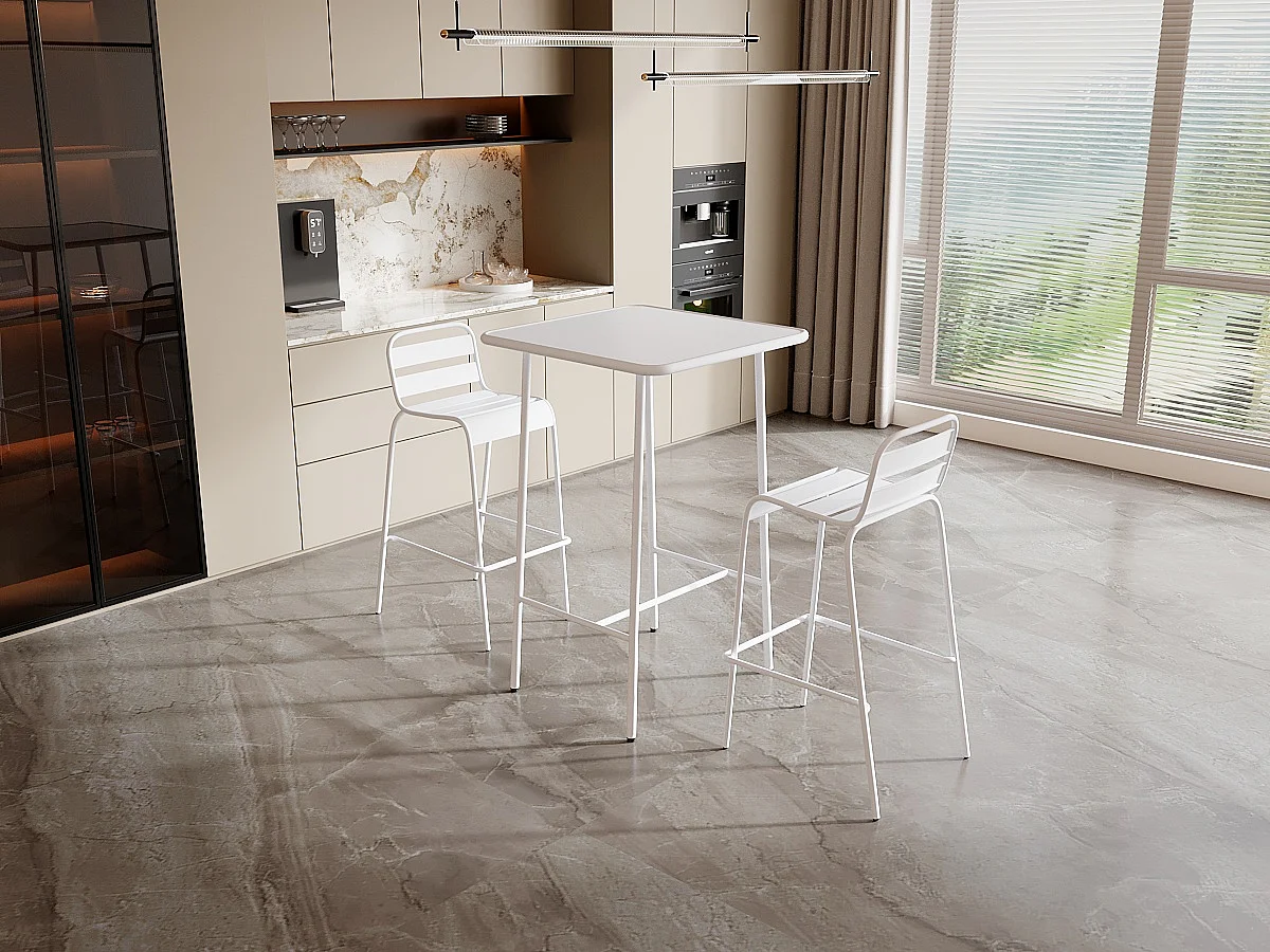 Salle à manger haute de jardin en métal : une table L.70 cm et 2 chaises - Blanc - MIRMANDE de MYLIA