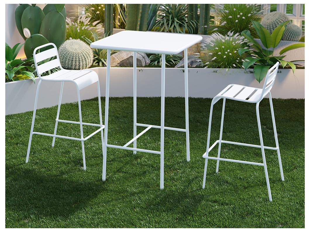 Salle à manger haute de jardin en métal : une table L.70 cm et 2 chaises - Blanc - MIRMANDE de MYLIA