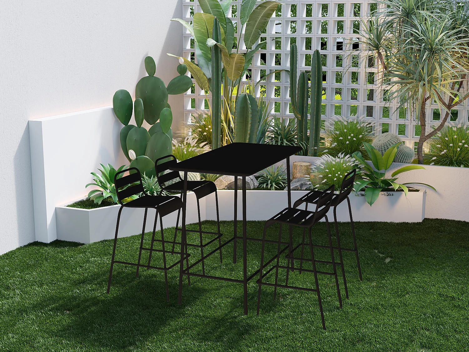Salle à manger haute de jardin en métal : une table L.120 cm et 4 chaises - Noir - MIRMANDE de MYLIA